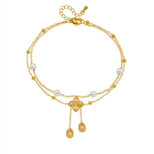 Fashion Double Layer Twin Diamond Diamond Flower Pearl Anklet - Image 4