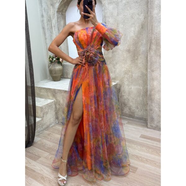 Mesh Tie-dye Printed Off-shoulder Slit Dress Summer INS Fashion Long Dress Party Womens Clothing - Image 5