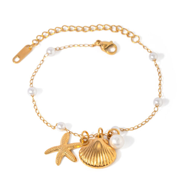 Fashion Jewelry 18K Gold Stainless Steel Pearl Chain Summer Holiday Shell Starfish Pendant Bracelet - Image 4