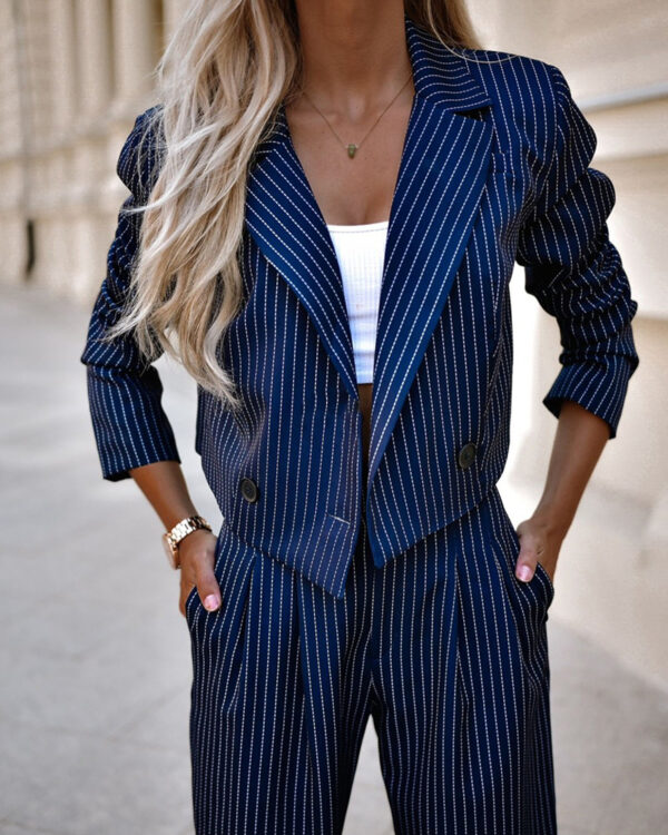 Fashion Striped Suits Casual Lapel Long Sleeve Cropped Top And Straight Pants Outfits Women's Clothing - Image 8