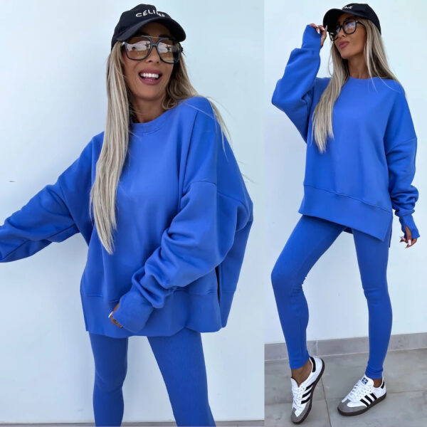 Sweater Suit Women's Casual Loose Long Sleeve Crew Neck Split Top Tight Trousers - Image 3