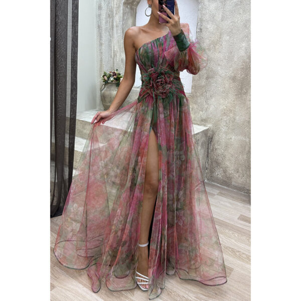 Mesh Tie-dye Printed Off-shoulder Slit Dress Summer INS Fashion Long Dress Party Womens Clothing - Image 4