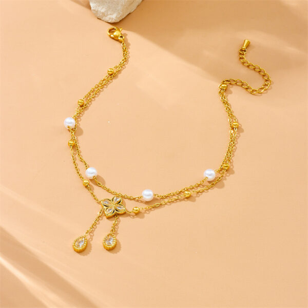 Fashion Double Layer Twin Diamond Diamond Flower Pearl Anklet - Image 3