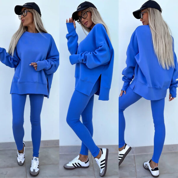 Sweater Suit Women's Casual Loose Long Sleeve Crew Neck Split Top Tight Trousers - Image 4