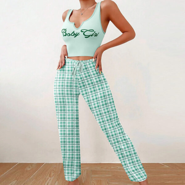 Spring Summer Women's Casual Pajamas Home Wear Vest Color Matching Plaid Trousers Letter Print Top Ladies 2 Pcs Home Clothes Sleepwear - Image 10