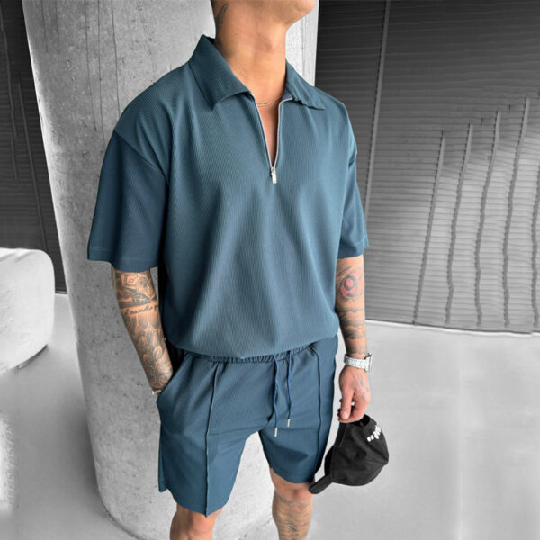 Summer Fashion Mens Clothing  Men's Suits New Zipper Polo Casual Short Sleeve Drawstring Shorts Men's Set - Image 3