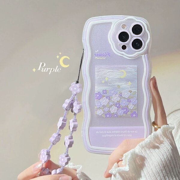 Purple Oil Painting Flower Phone Case Rope