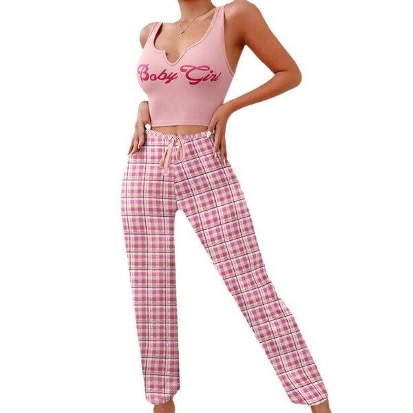 Spring Summer Women's Casual Pajamas Home Wear Vest Color Matching Plaid Trousers Letter Print Top Ladies 2 Pcs Home Clothes Sleepwear - Image 8