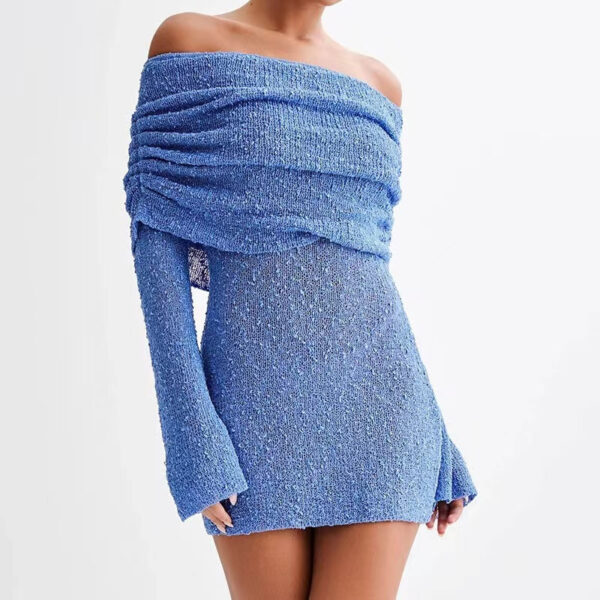 Women's Spring Summer Knitted Dress Elegant Party Boat Neck Dress Infant Off Shoulder Bodycon Long Sleeve Fuzzy Short Club Chic Mini Dress - Image 5